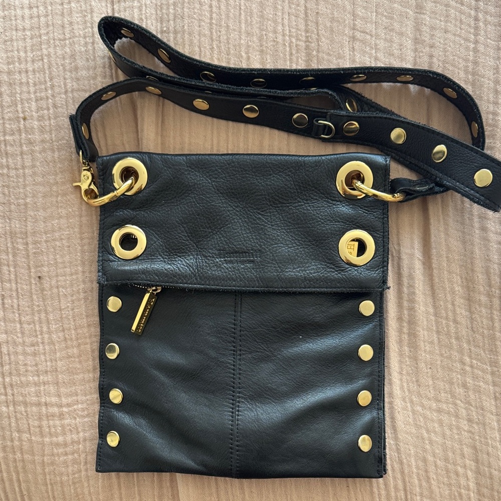 *RARE* Hammitt Little Santa Monica Black Leather Crossbody Bag Gold Pink Suede